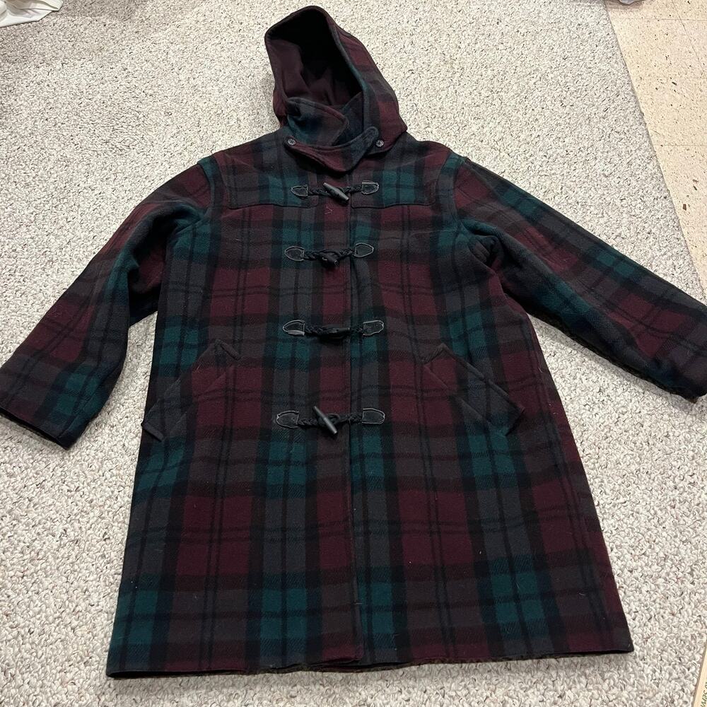 LL Bean Vintage Lambswool Duffel Coat 14 Plaid Red Green Classic Outdoor Winter